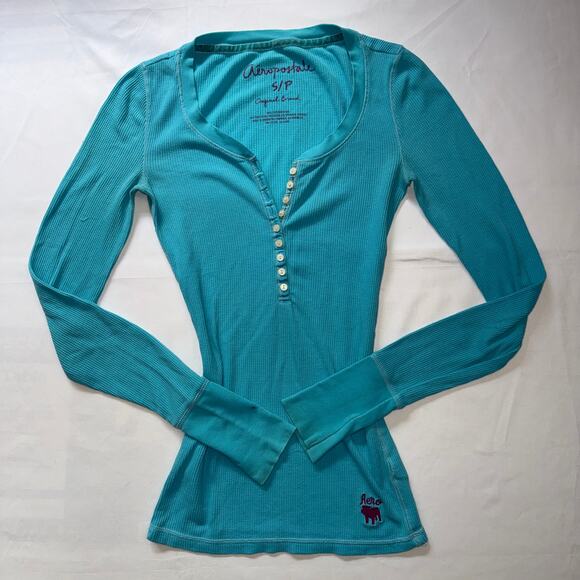 Y2K Aeropostale Blue Long Sleeve Henley Top Womens Small VTG 00s Grunge Fitted - Picture 1 of 9